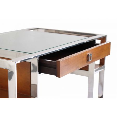 "Inox" kleiner Sofatisch aus Edelstahl und braunem Massivholz mit Glaselementen