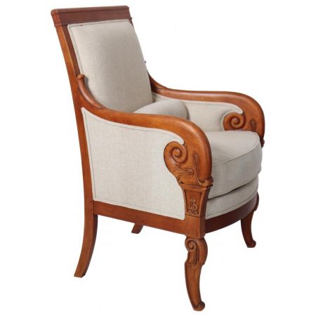 Französischer Retro Vintage Stoffsessel Canvas Stoff Eiche Massivholz Sessel