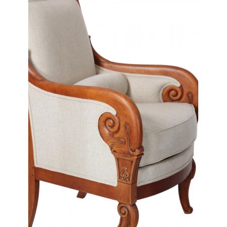 Französischer Retro Vintage Stoffsessel Canvas Stoff Eiche Massivholz Sessel