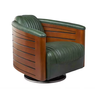 Retro Art Deco Sessel Leder Grün Massivholz französisch