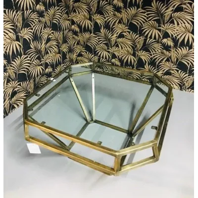 Art déco Stil Sofatisch Diana, Metallrahmen gold mit Glasplatte, Diamant Form