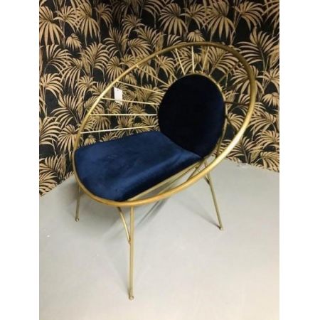 Art déco Stil Loungesessel Mariella, goldenes Metall mit Sitz aus Samt, blau