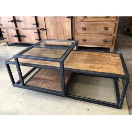 Industrial Style Sofatisch Richie mit verschiebbarer Tischplatte, Massivholz und Metall