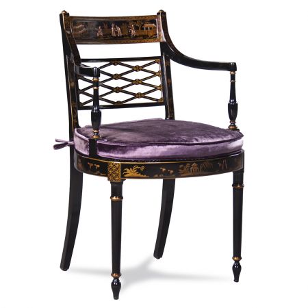 Edler aufwendig verzierter Stuhl in schwarz mit goldenen Details und violettem Sitzkissen Dekostuhl Beistellstuhl