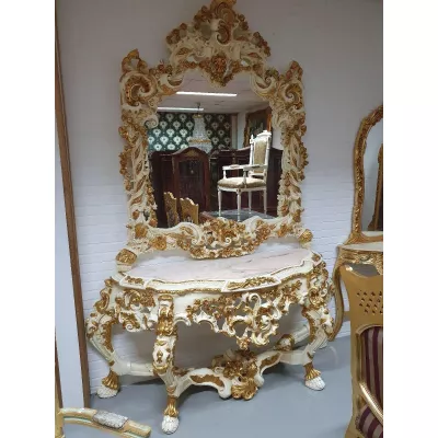 Morris Massivholz Barock-Spiegelkonsole Jean II Weiß-Gold