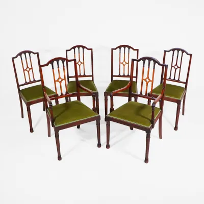 Englische Sheraton Style Stühle – 6er Set antiker Esszimmerstühle um 1900