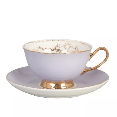 Clayre & Eef Kaffeetasse Tasse mit Untertasse lila mit Goldrand und Rose