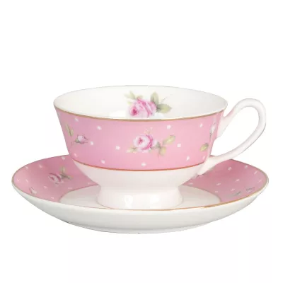 Clayre & Eef Kaffeetasse Tasse mit Untertasse Rosa