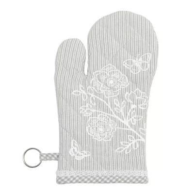Clayre & Eef Ofenhandschuh grau gestreift mit Blumenranke