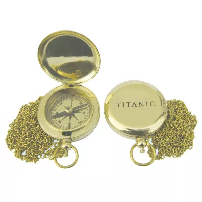 Maritim by Morris Kompaß in Taschenuhrform mit Kette, Messing, Ø: 5cm, mit Prägung TITANIC