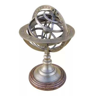 Maritim by Morris Armillarsphäre, Messing antik auf Holzsockel, H: 21,5cm, Ø: 14cm