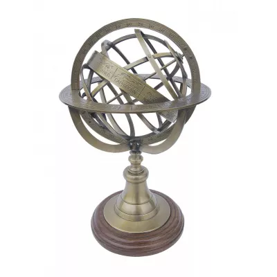 Maritim by Morris Armillarsphäre, Messing antik auf Holzsockel, H: 29cm, Ø: 18,5cm