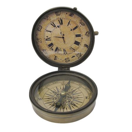 Kompass mit Uhr, Messing antik, Ø: 8,5cm, H: 3,5/10cm