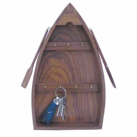 Schlüsselrack - Boot, Holz mit Messinghaken, 22x37,5x6cm