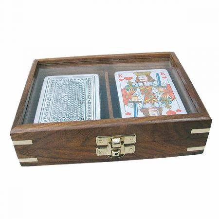 Spielkartenbox, Holz mit Glasdeckel, inklusive doppeltes Kartenspiel, 16x11,5x4cm