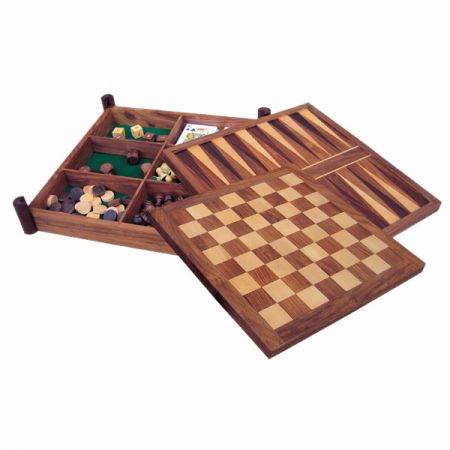 Spiele-Box mit Schach, Backgammon, Dame, Würfel, Karten & Tarot, Holz, 32x32x6cm