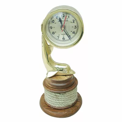 Maritim by Morris Delfin-Uhr, Messing auf Holzsockel, Ø: 8,5cm, H: 25,5cm