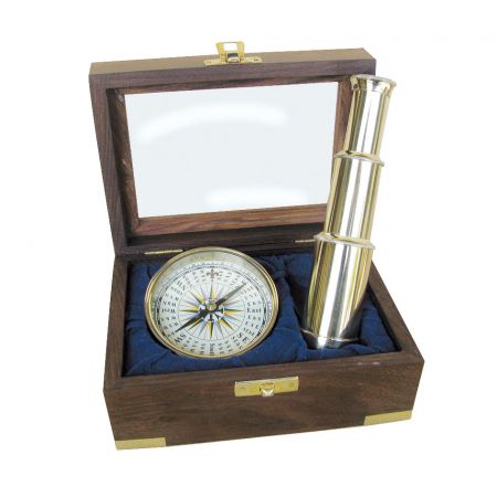 Kompass Ø: 7,5cm + Teleskop L: 15cm, Messing, in der Holzbox mit Glasdeckel