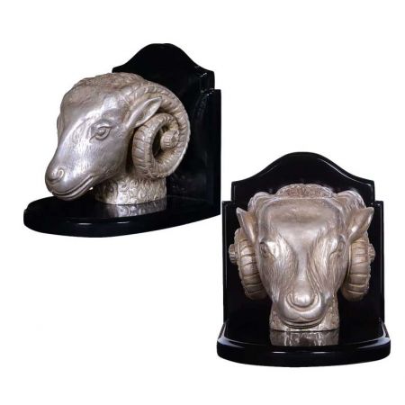 "Pair Of Sheep Head Silver" Buchstützen aus vernickelter Bronze