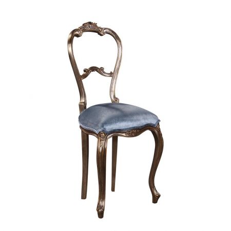 Dekostuhl in silber mit blaumen Sitzkissen aus Samt Stuhl