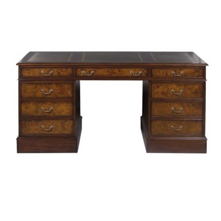 Pedestal Desk Schreibtisch Wurzelholz Burl mit Ledertop