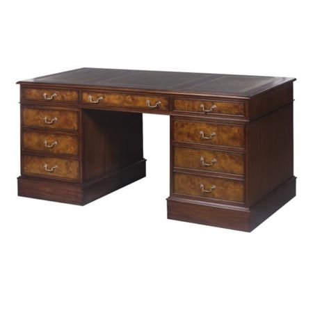 Pedestal Desk Schreibtisch Wurzelholz Burl mit Ledertop