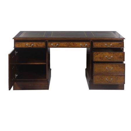 Pedestal Desk Schreibtisch Wurzelholz Burl mit Ledertop