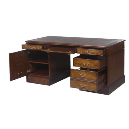 Pedestal Desk Schreibtisch Wurzelholz Burl mit Ledertop