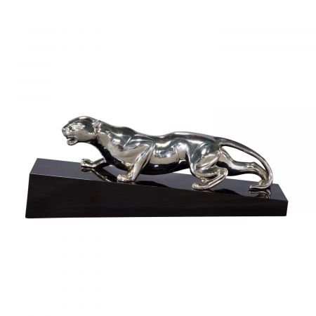 "Hockender Puma" vernickelte Bronzefigur mit handbemalten Akzenten