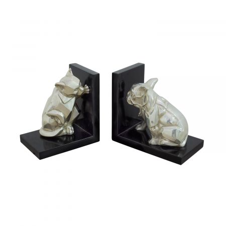 "Katze und Hund" Buchstützen Bookends Book Ends vernickelte Bronzefiguren mit handbemalten Details