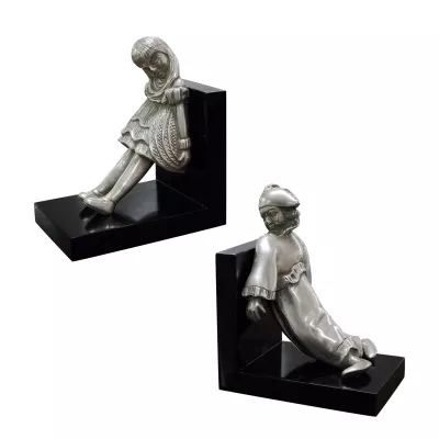 "Mädchen und Clown II" Buchstützen aus vernickelter Bronze mit handbemalten Akzenten