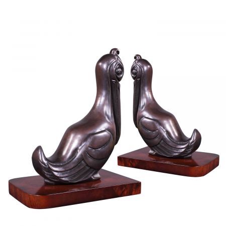 "Zwei Pelikane" Buchstützen Bronzefiguren