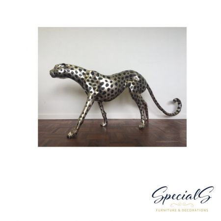 "Stehender Gepard" Bronzefigur vernickelt mit handbemalten Akzenten