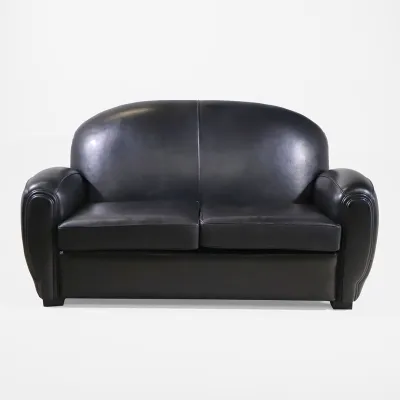 Vintage Echtleder Sofa im französischen Art Déco Stil – Schwarzes 2-Sitzer Clubsofa