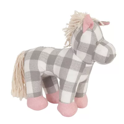 Clayre & Eef Kariertes Stoff-Pferd mit rosa Hufen und Ohren