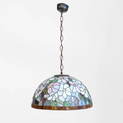 Vintage Tiffany Deckenlampe mit floralen Motiven – Bleiglas & Zinn, Ø 41 cm