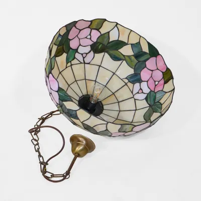 Vintage Tiffany Deckenlampe mit floralem Bleiglas-Schirm – Ø 46 cm