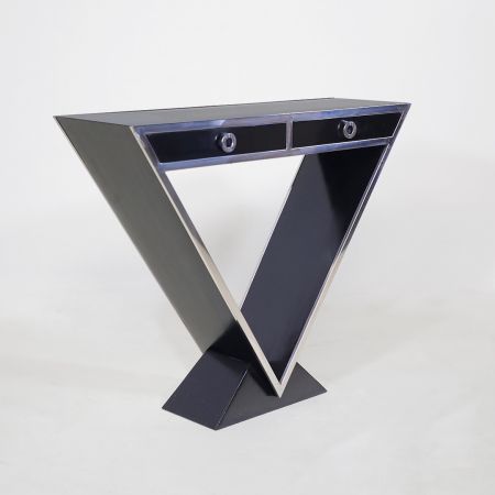 Elegante Art déco Kommode aus Edelstahl mit Pianolackierung und Edelstahl-Ringgriffen – Perfekt für stilvolle Wohnzimmer- und Büromöbel.