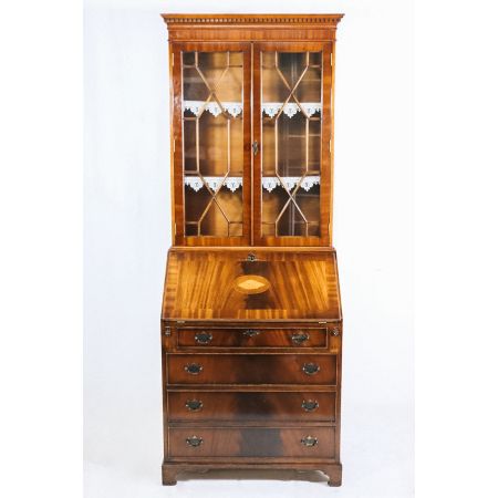 Englisches Bureau Bookcase in Flamed Mahogany, maritime Intarsie