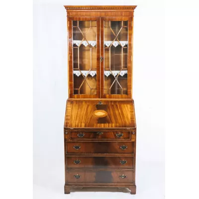 Englisches Bureau Bookcase in Flamed Mahogany, maritime Intarsie