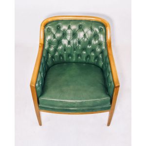 Vintage Mid Century Sessel aus Massivholz & grünem Leder