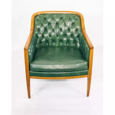 Vintage Mid Century Sessel aus Massivholz & grünem Leder