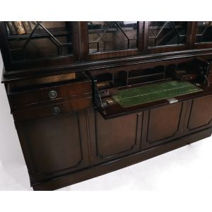 Englisches Flatfront Bookcase im Regency Stil mit Schreibfläche, Bücherschrank antik stil in Mahagoni