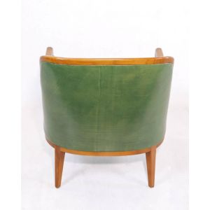 Vintage Mid Century Sessel aus Massivholz & grünem Leder