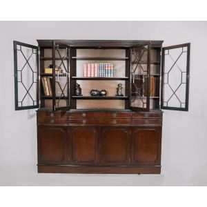 Englisches Flatfront Bookcase im Regency Stil mit Schreibfläche, Bücherschrank antik stil in Mahagoni