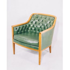 Vintage Mid Century Sessel aus Massivholz & grünem Leder