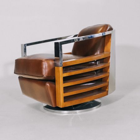 Retro Art Deco Sessel Leder Massivholz Metall französisch klassisch - Sofort lieferbar