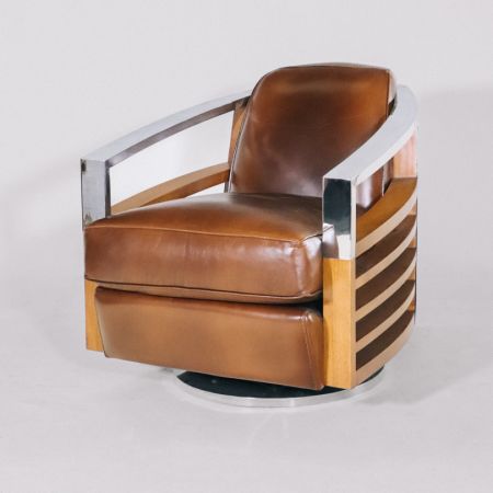 Retro Art Deco Sessel Leder Massivholz Metall französisch klassisch - Sofort lieferbar