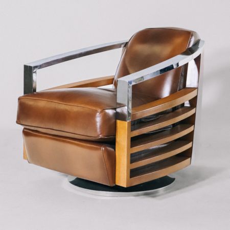 Retro Art Deco Sessel Leder Massivholz Metall französisch klassisch - Sofort lieferbar