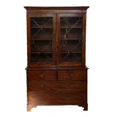 Original Antiker Mahagoni Bücherschrank, Bookcase On Chest, Vitrinenschrank Massivholz, England - Sofort lieferbar